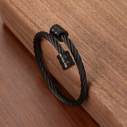 Black Silver Plated Stainless Steel Anti Tarnish Rope Design Cuff Bracelet For Men