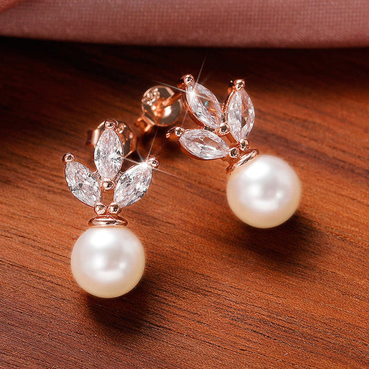 Rose Gold Plated American Diamond Studded Pearl Drop Korean Earrings