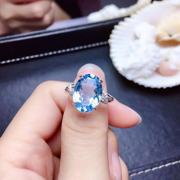 Silver Plated Anti Tarnish American Diamond Crushed Ice Cut Blue Oval Finger Ring