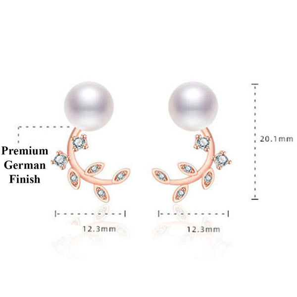 Rose Gold Plated American Diamond Studded Pearl Leaf Korean Stud Earrings