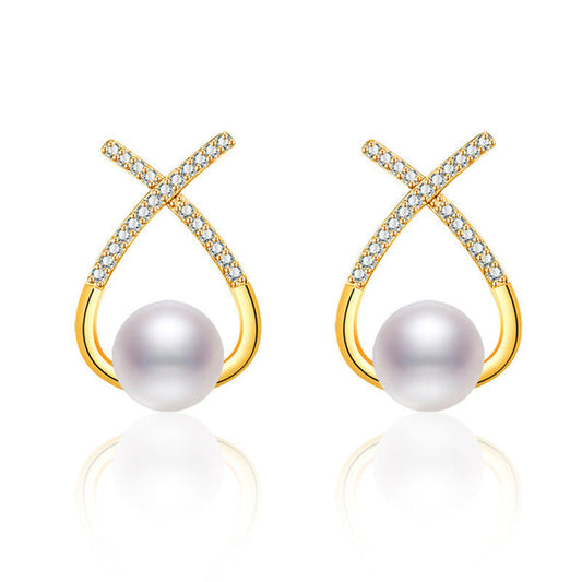 Gold Plated American Diamond Studded Cross Shape Korean Stud Earrings