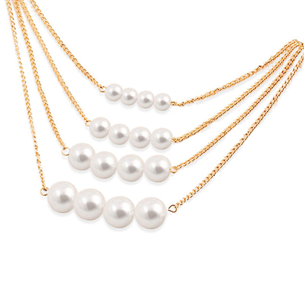 White Gold Plated Pearl Studded Multi-Strand Layered Necklace For Women