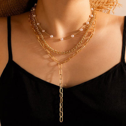Gold Plated White Pearl Studded Multi-Strand Long Layered Necklace For Women