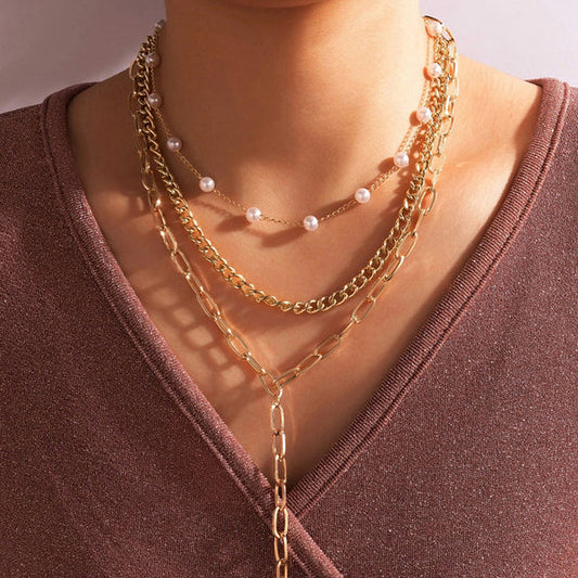 Gold Plated White Pearl Studded Multi-Strand Long Layered Necklace For Women