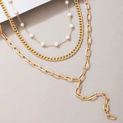 Gold Plated White Pearl Studded Multi-Strand Long Layered Necklace For Women