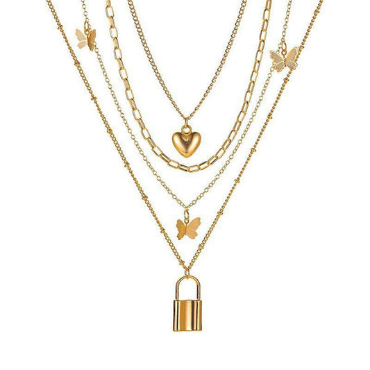 Gold Plated Gold-Toned Heart-Butterfly Layered Necklace For Women