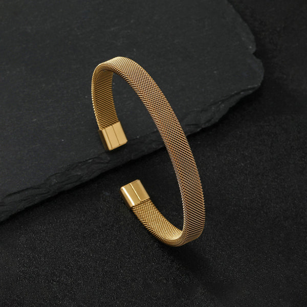 Gold Plated Stainless Steel Anti Tarnish Mesh Statement Cuff Bracelet For Men