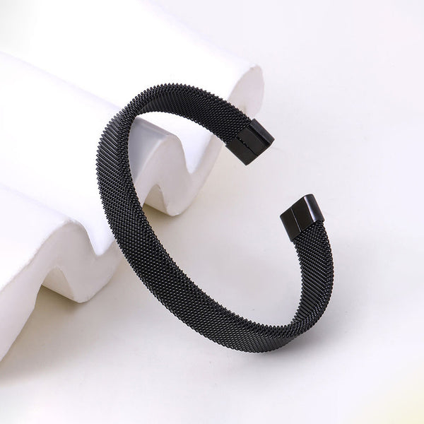 Black Silver Plated Stainless Steel Anti Tarnish Mesh Statement Cuff Bracelet For Men