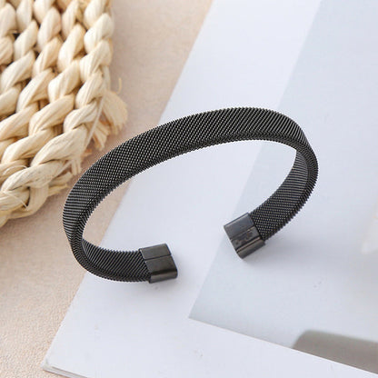 Black Silver Plated Stainless Steel Anti Tarnish Mesh Statement Cuff Bracelet For Men