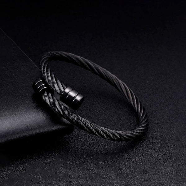 Black Silver Plated Stainless Steel Anti Tarnish Rope Design Cuff Bracelet For Men