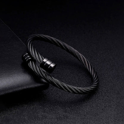 Black Silver Plated Stainless Steel Anti Tarnish Rope Design Cuff Bracelet For Men