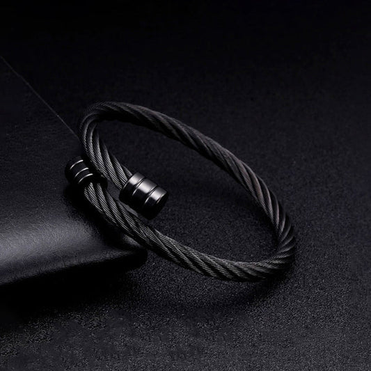 Black Silver Plated Stainless Steel Anti Tarnish Rope Design Cuff Bracelet For Men