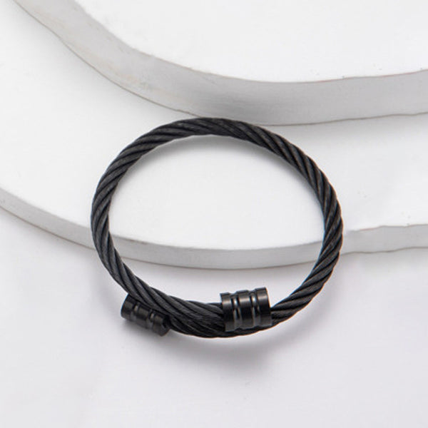 Black Silver Plated Stainless Steel Anti Tarnish Rope Design Cuff Bracelet For Men