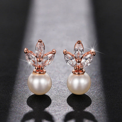Rose Gold Plated American Diamond Studded Pearl Drop Korean Earrings