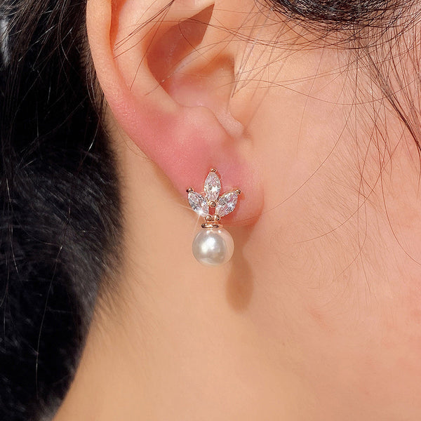 Rose Gold Plated American Diamond Studded Pearl Drop Korean Earrings