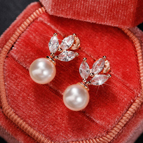 Rose Gold Plated American Diamond Studded Pearl Drop Korean Earrings