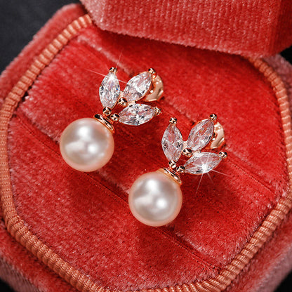 Rose Gold Plated American Diamond Studded Pearl Drop Korean Earrings