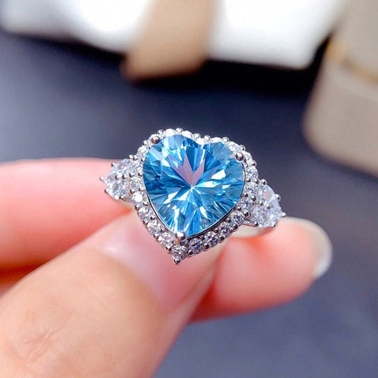 Silver Plated Anti Tarnish American Diamond Crushed Ice Cut Blue Heart Finger Ring