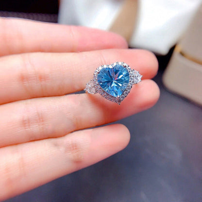 Silver Plated Anti Tarnish American Diamond Crushed Ice Cut Blue Heart Finger Ring