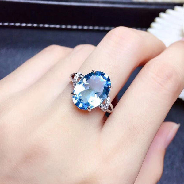 Silver Plated Anti Tarnish American Diamond Crushed Ice Cut Blue Oval Finger Ring