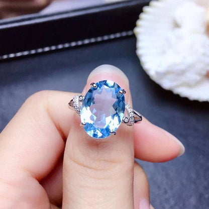 Silver Plated Anti Tarnish American Diamond Crushed Ice Cut Blue Oval Finger Ring