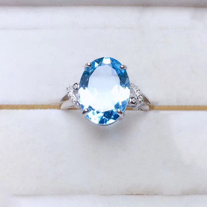 Silver Plated Anti Tarnish American Diamond Crushed Ice Cut Blue Oval Finger Ring