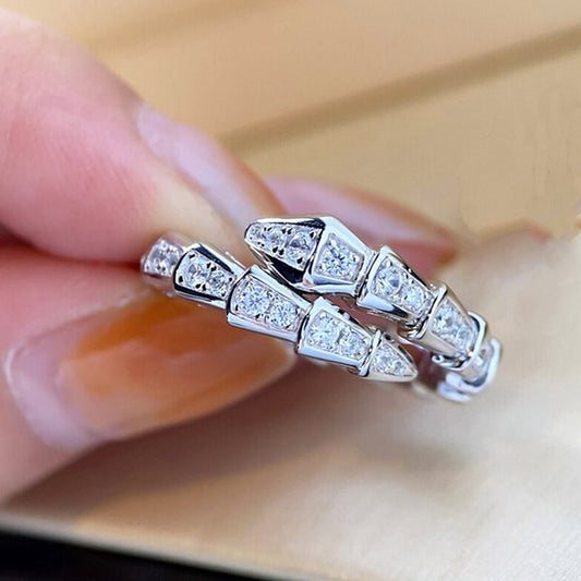 Silver Plated Anti Tarnish American Diamond Silver Snake Themed Finger Ring
