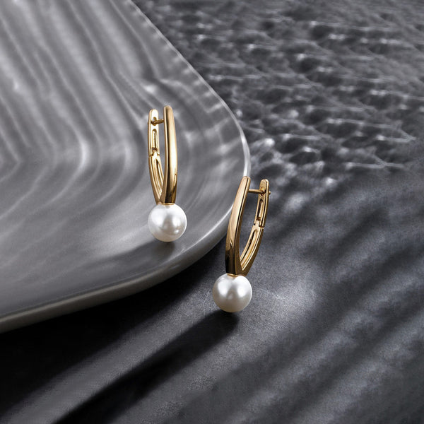 Gold-Plated Gold Toned Pearl Studded Contemporary Hoop Earrings