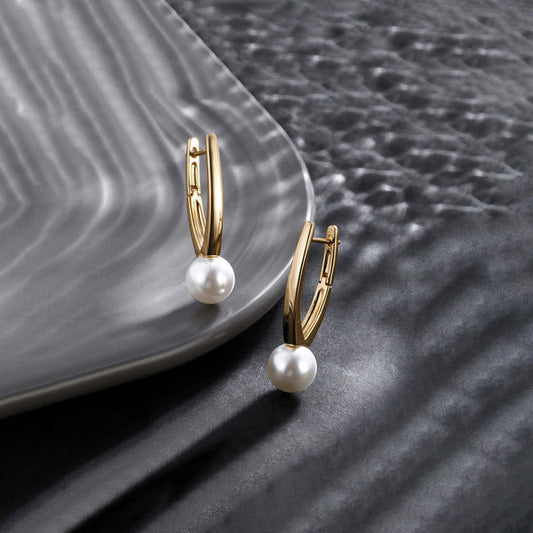 Gold-Plated Gold Toned Pearl Studded Contemporary Hoop Earrings