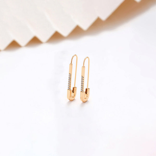 Jewelry Gold-Plated Safety Pin Shaped AD Studded Drop Earrings