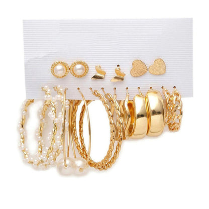 Gold Plated Contemporary Studs and Hoop Earrings Set of 9 For Women