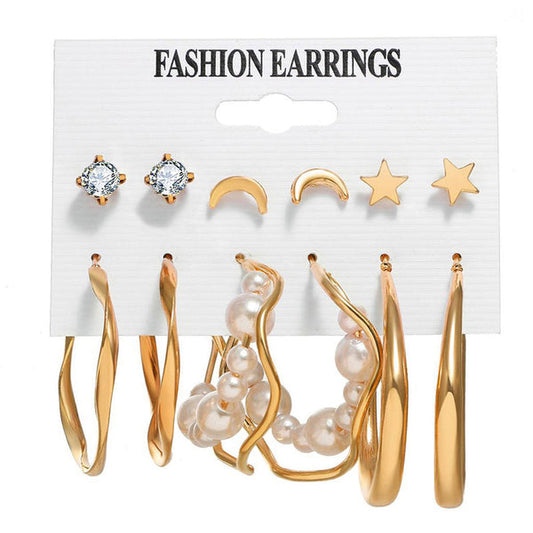 Gold Plated Contemporary Stars and Moon Studs and Hoop Earrings Set of 6 For Women