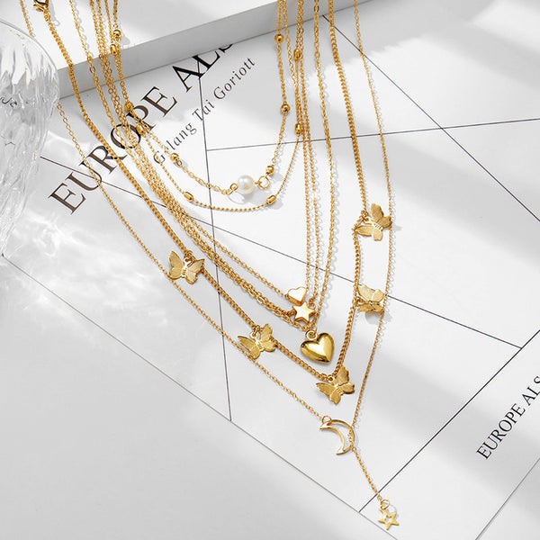 Gold Plated Butterfly inspired Set of 6 Layered Necklace For Women