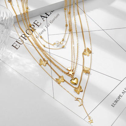 Gold Plated Butterfly inspired Set of 6 Layered Necklace For Women