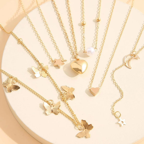 Gold Plated Butterfly inspired Set of 6 Layered Necklace For Women