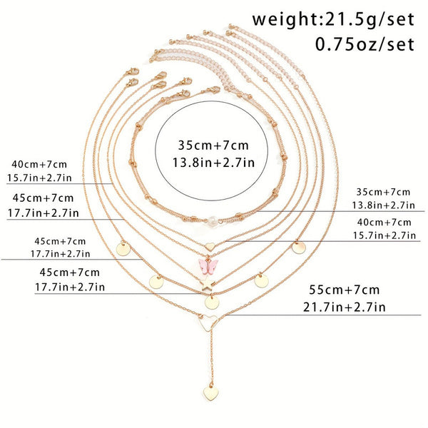 Gold-Plated Gold-Toned Pack of 7 Butterfly Layered Necklace