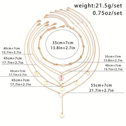 Gold-Plated Gold-Toned Pack of 7 Butterfly Layered Necklace