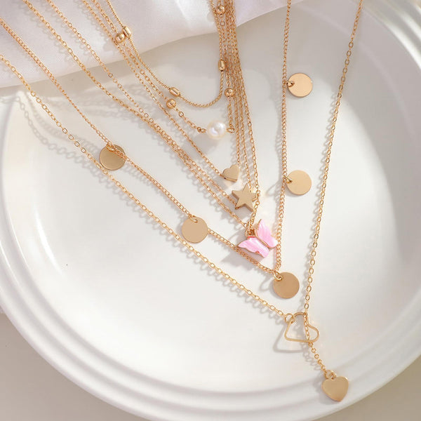 Gold-Plated Gold-Toned Pack of 7 Butterfly Layered Necklace