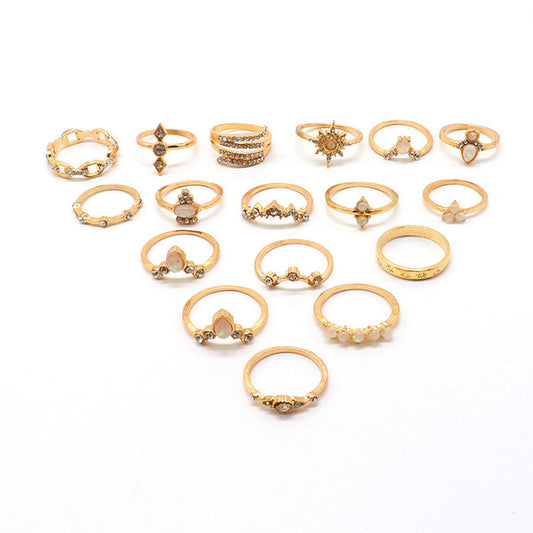 Exclusive Ad Studded Floral Gold Plated Plushy Rings Set of 17 Mixed Sizes For Women