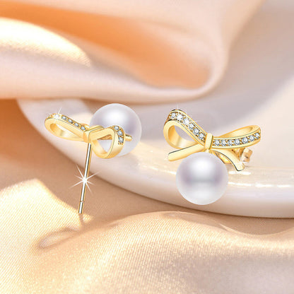 Gold Plated American Diamond Studded Bow-Tie Shape Korean Stud Earrings
