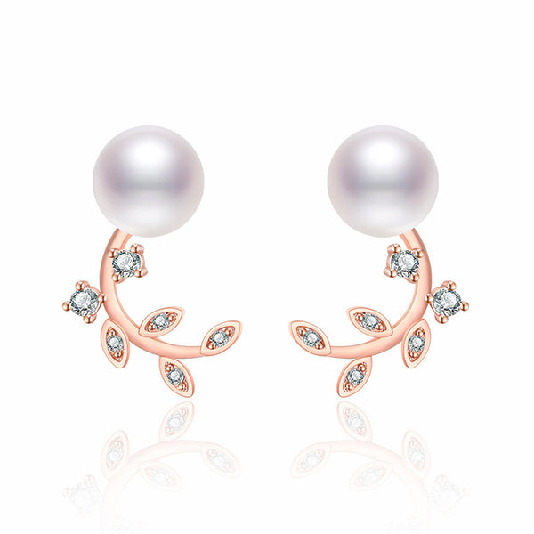 Rose Gold Plated American Diamond Studded Pearl Leaf Korean Stud Earrings