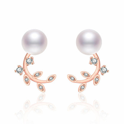 Rose Gold Plated American Diamond Studded Pearl Leaf Korean Stud Earrings