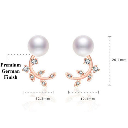 Rose Gold Plated American Diamond Studded Pearl Leaf Korean Stud Earrings