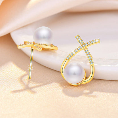 Gold Plated American Diamond Studded Cross Shape Korean Stud Earrings
