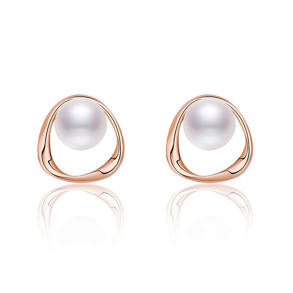 Rose Gold Plated Triangle Shaped Pearl Studded Korean Stud Earrings