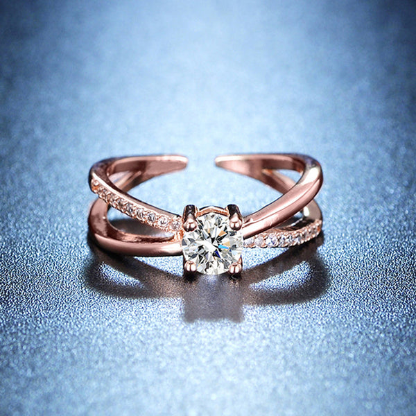 Rose Gold Plated American Diamond Studded Cross Shape Adjustable Finger Ring