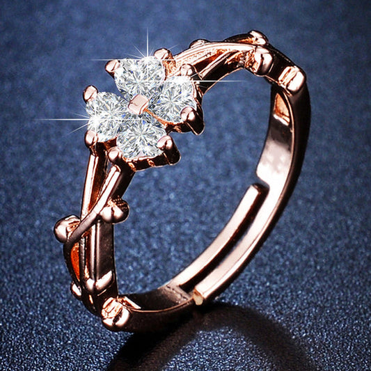 Rose Gold Plated American Diamond Studded Floral Contemporary Adjustable Finger Ring