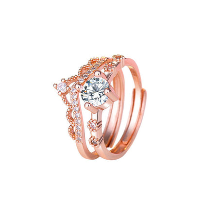 Rose Gold Plated American Diamond Studded Crown Shape Contemporary Korean Finger Ring