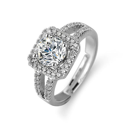 Silver Plated American Diamond Studded Geometrical Anti Tarnish Solitaire Adjustable Finger Ring