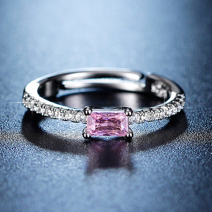 Silver Plated American Diamond Studded Rectangular Anti Tarnish Pink Stone Adjustable Finger Ring